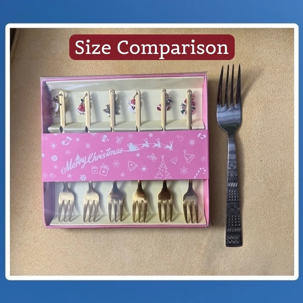 Set of 6 Gold-Plated Stainless Steel Christmas Theme Small Flatware Forks NWT